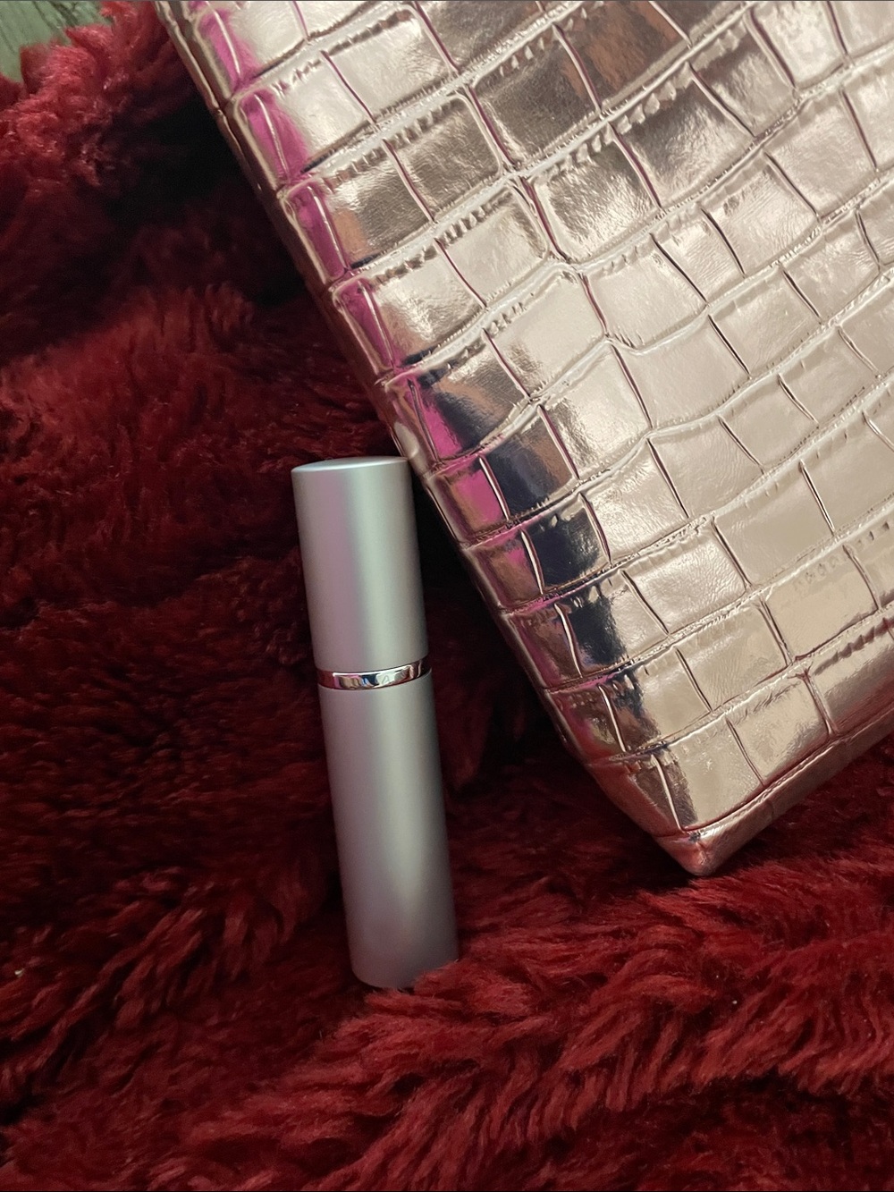 Jimmy Choo pink Metallic cosmetics makeup bag w a sweet surprise “I got Choo”💖